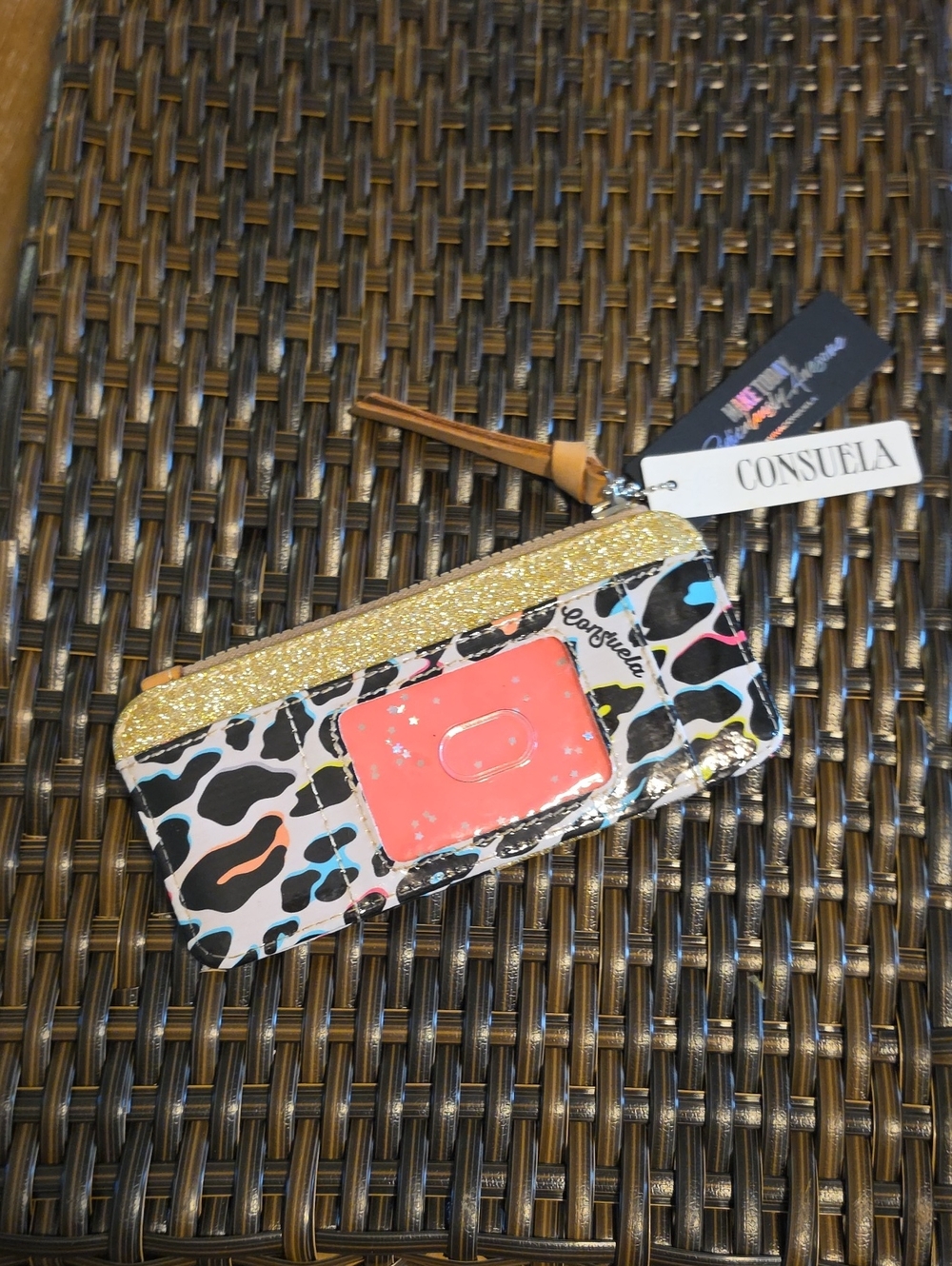 Consuela Gold Glitter Multicolor Leopard Card Case with Pink ID Window